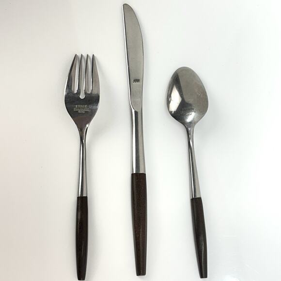 Vtg 3pc Flatware INTERPUR INR2 Japan Stainless Steel Brown Faux Wood Scroll MCM - Picture 6 of 14